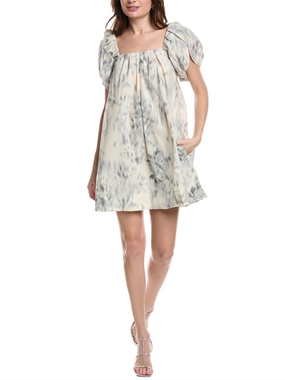 Rebecca Taylor Whisper Rose Tulip Mini Dress Silver Combo Floral Puff Sleeve
